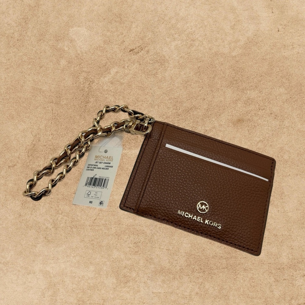 NWT Michael Kors Jet Set Charm Small ID Chain Card Holder Camel Pebbled Leather